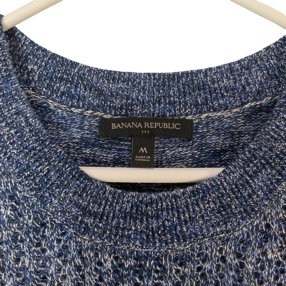 Banana Republic Blue Marled Knit Top M Pullover Crew Neck Short Sleeve Pointelle - Picture 4 of 6